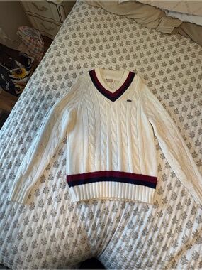 Izod Cream Knit V-Neck Sweater with Burgundy Trim